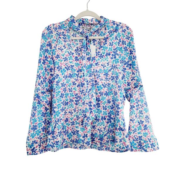 Zara Blue & Purple Floral Printed Long Sleeve Top Bow Neck Tie Size Medium - Picture 1 of 8